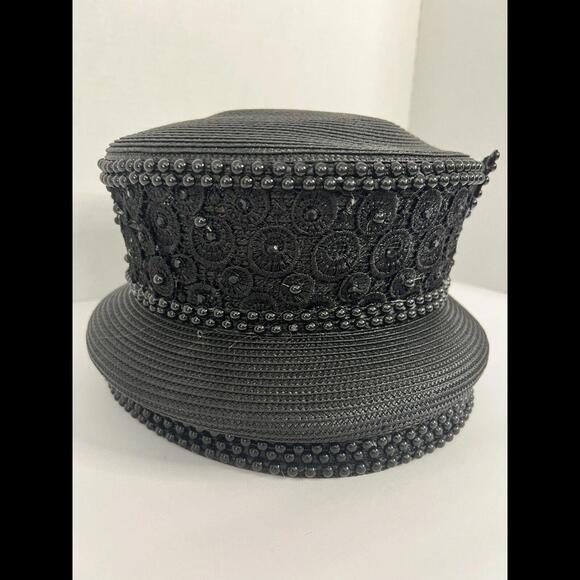 Vintage J.F.Y Collection NY USA Black Hat Derby Church Sequin Faux Rhinestones